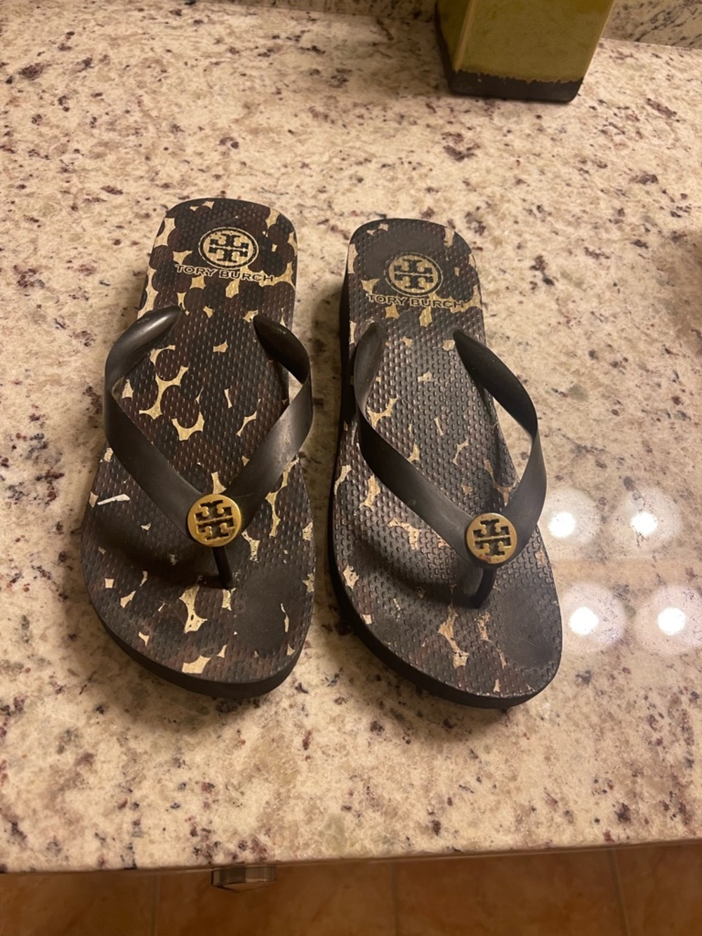 2- Right Foot Tory Burch Black Flip Flop Sandals with Gold Logo Accents